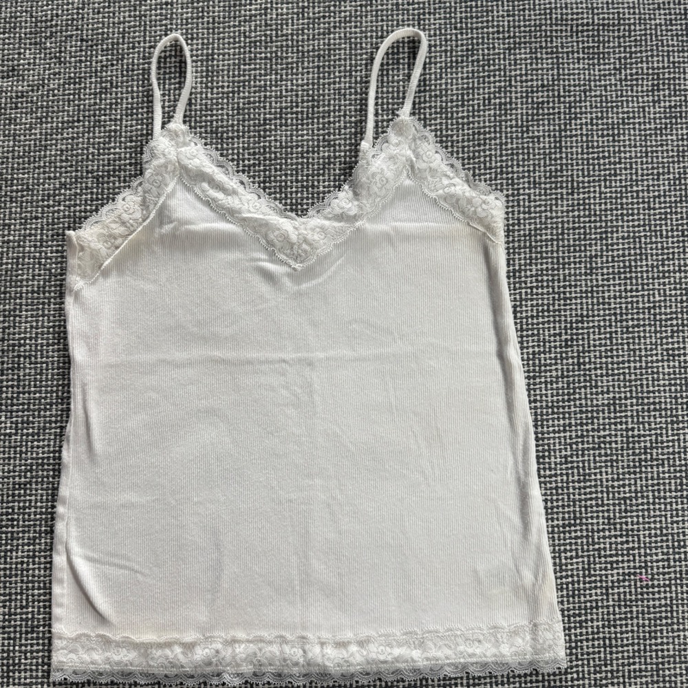 Wild Fable White Ribbed Lace Trim Cami Top Size M Adjustable Straps